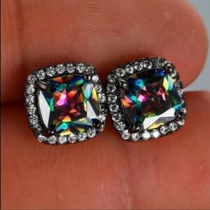 ✨ New Black Rainbow Topaz Halo Stud Earrings